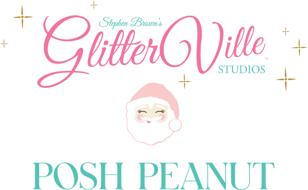 The Glitterville and Posh Peanut logos with an image of Papa Noel. 