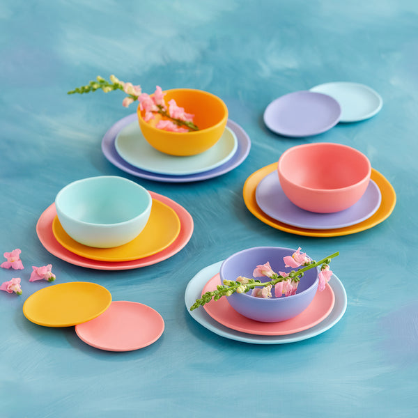 A selection of plates and bowls from the Rainbow Melamine set