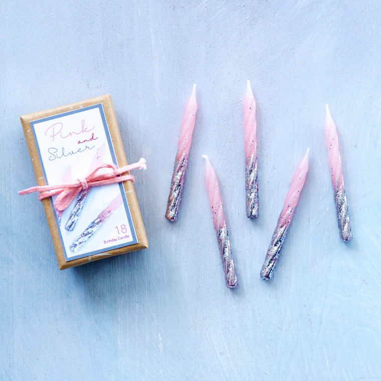 Silver & Pink Party Candle, Set of 18